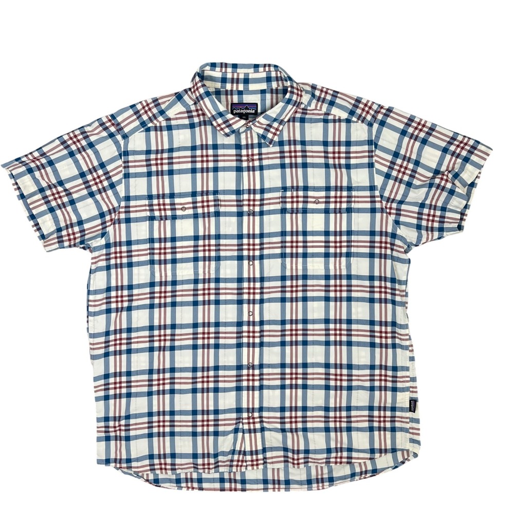 Patagonia Mens XXL AC Shirt Blue Red Plaid Short Sleeve Button Up Gorpcore